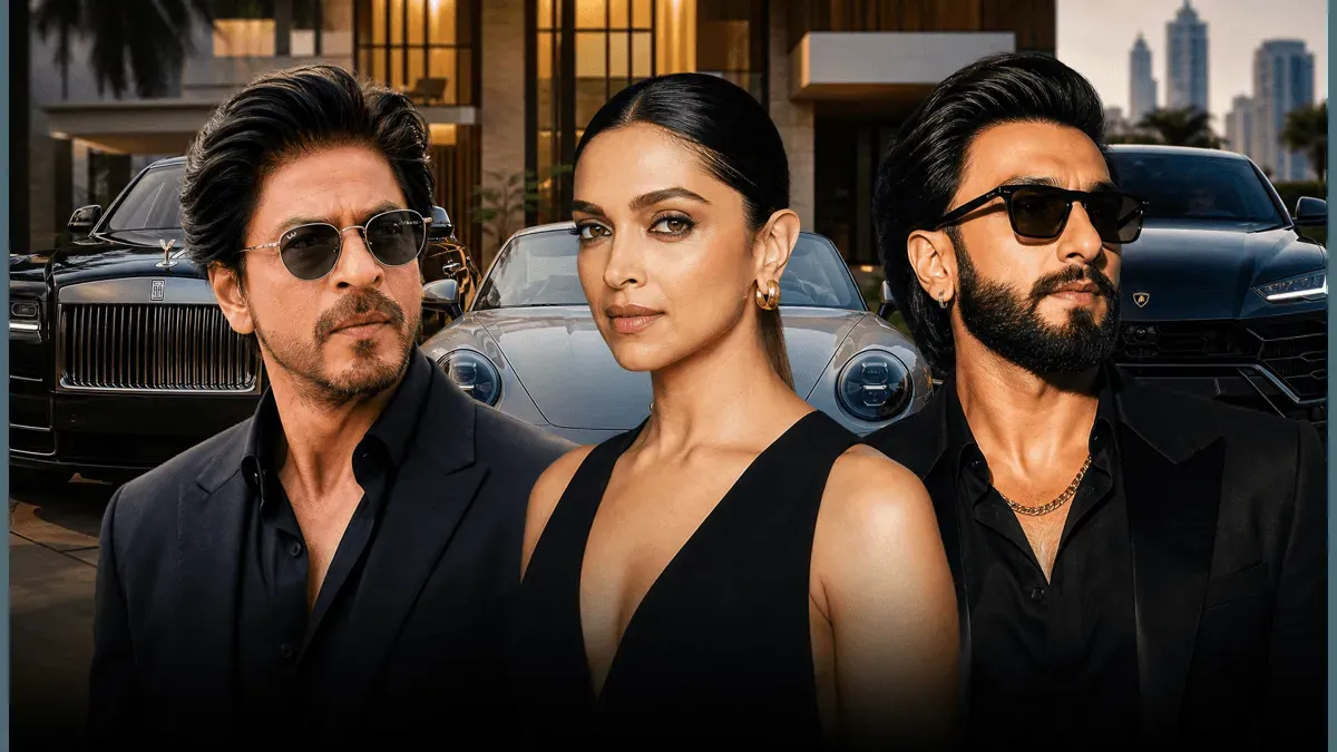 Shah Rukh Khan, Deepika Padukone, and Ranveer Singh posing in luxury outfits