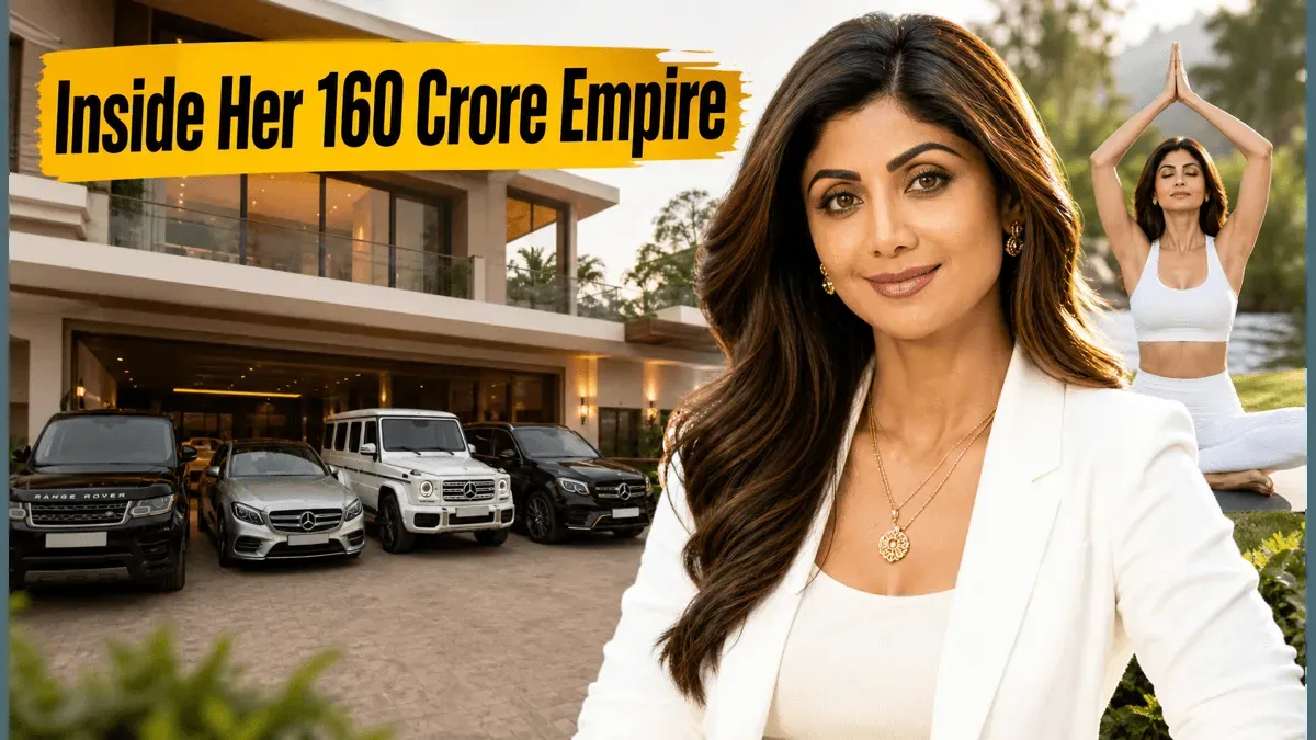 Shilpa Shetty smiling, standing elegantly next to a sleek luxury car.