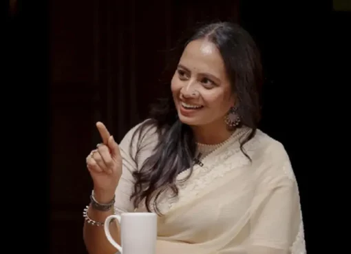 Marathi actress Smita Tambe at a film promotion, looking thoughtful.