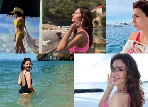 Bollywood actresses enjoying a sunny beach vacation in stylish outfits, embodying summer fashion.