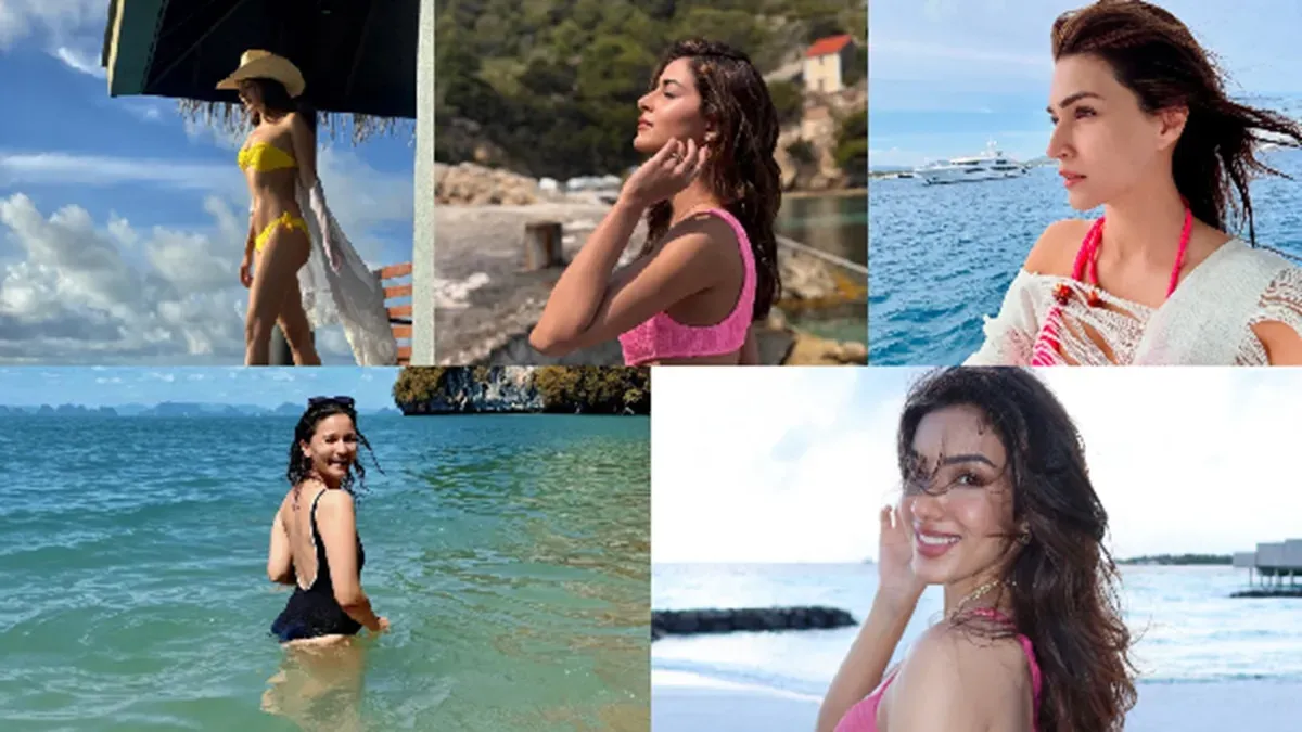 Bollywood actresses enjoying a sunny beach vacation in stylish outfits, embodying summer fashion.