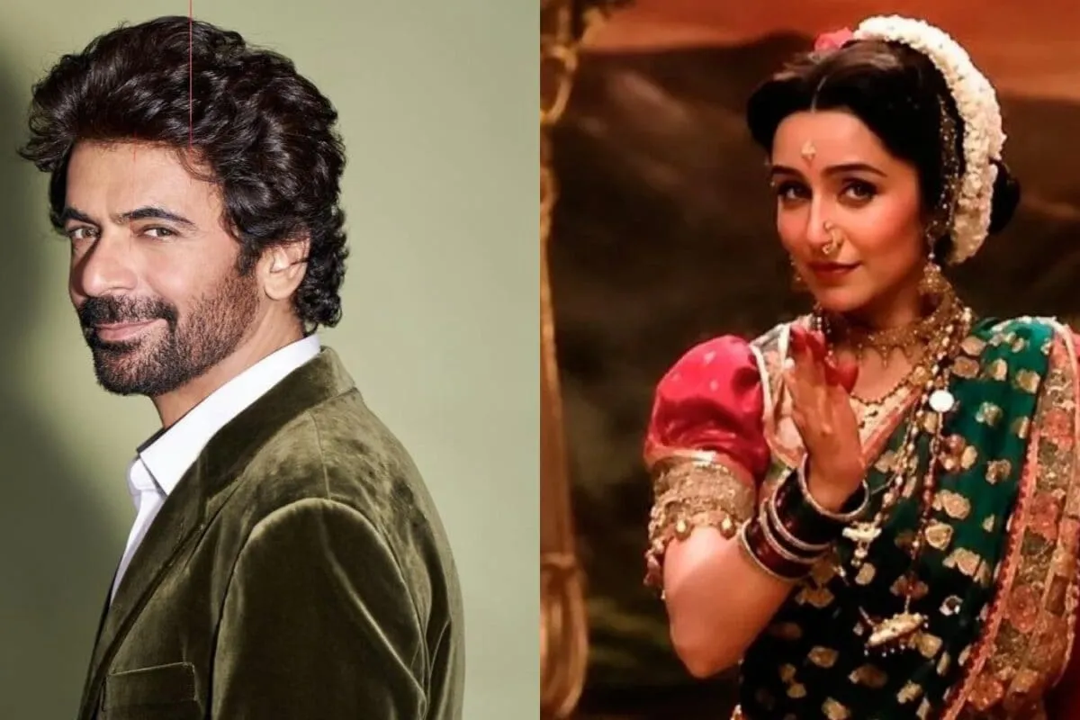 Collage of Sunil Grover sleeping by a river and Shraddha Kapoor in a colorful Lavani costume.