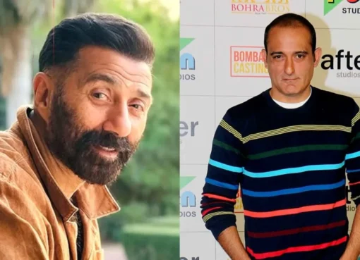 Sunny Deol and Akshaye Khanna standing together during the IKKA trailer launch event.