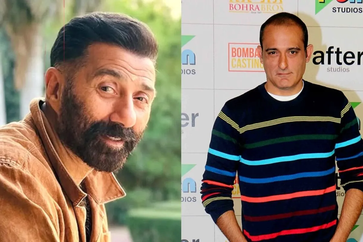 Sunny Deol and Akshaye Khanna standing together during the IKKA trailer launch event.