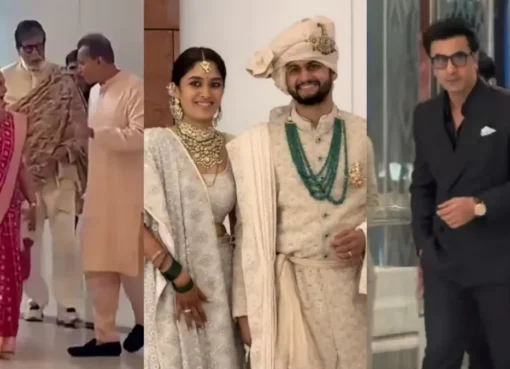 Revati Sule and Sarang Lakhani smiling at their wedding with celebrity guests visible in the background.