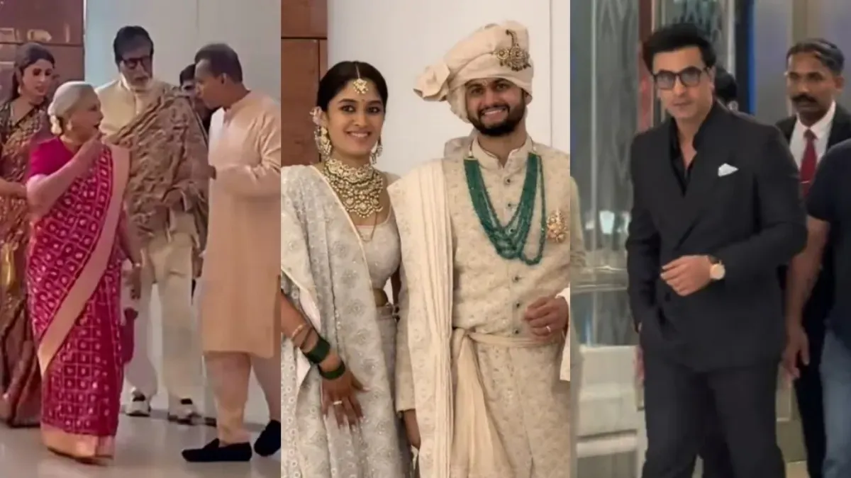 Revati Sule and Sarang Lakhani smiling at their wedding with celebrity guests visible in the background.