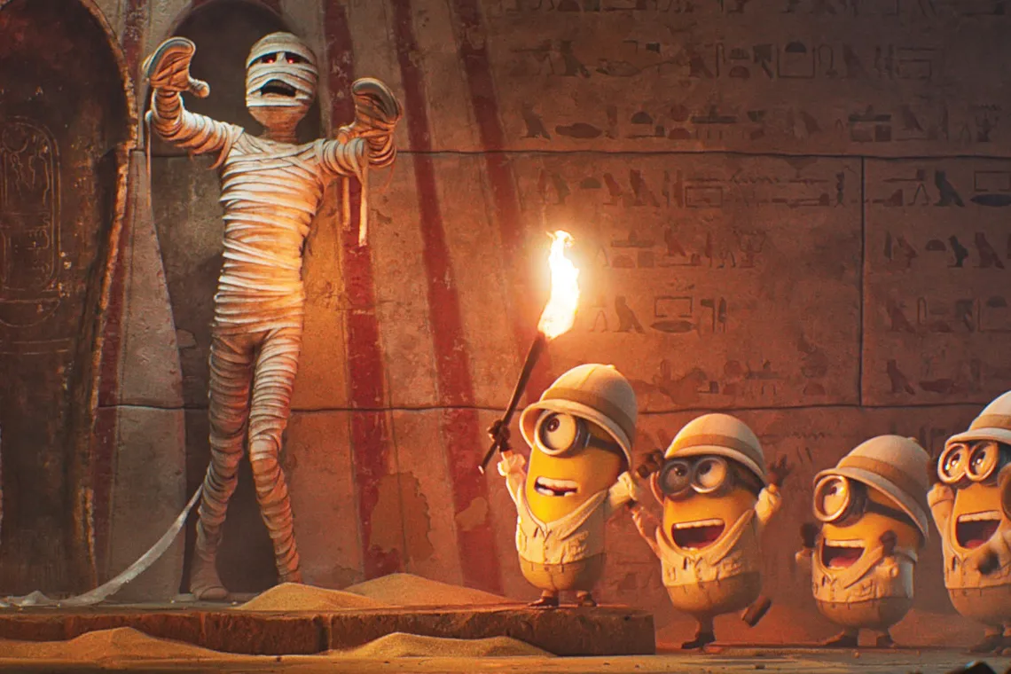 Yellow Minions characters in an old Hollywood setting.