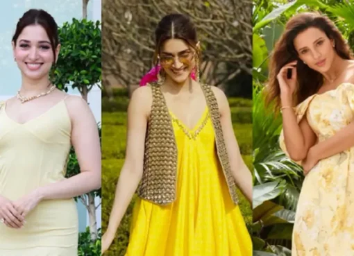 Bollywood actresses wearing breezy yellow summer outfits and smiling.