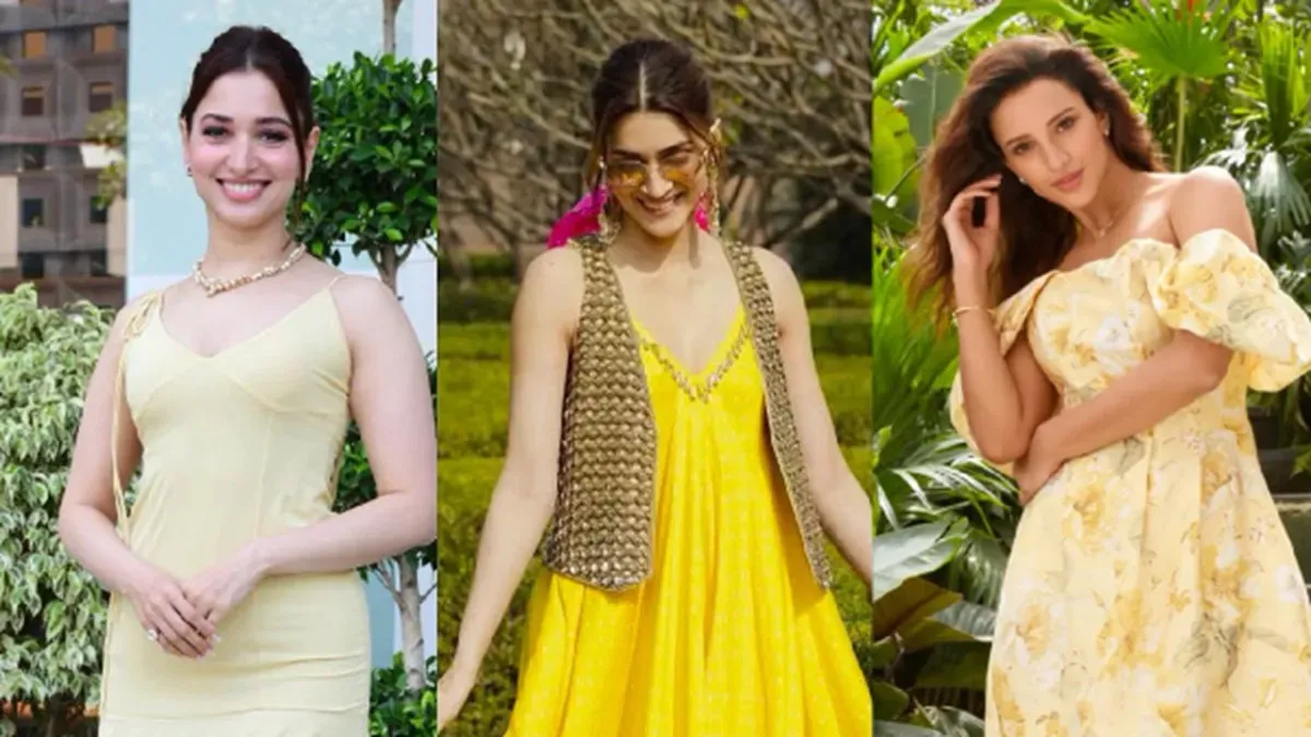 Bollywood actresses wearing breezy yellow summer outfits and smiling.