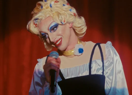 A conceptual image of a colorful drag queen outfit next to a traditional mother's coat