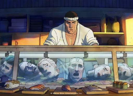 A stylized graphic image showing a sushi chef with a sword in a vibrant city setting.