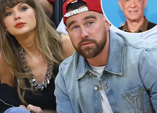 Tom Hanks smiling and talking about Taylor Swift and Travis Kelce