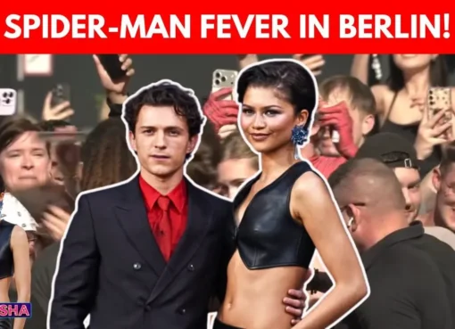 Tom Holland and Zendaya posing together at the Spider-Man Berlin fan event.