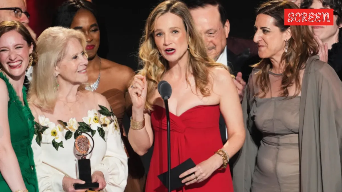 A stage lit up with awards during the Tony Awards ceremony.