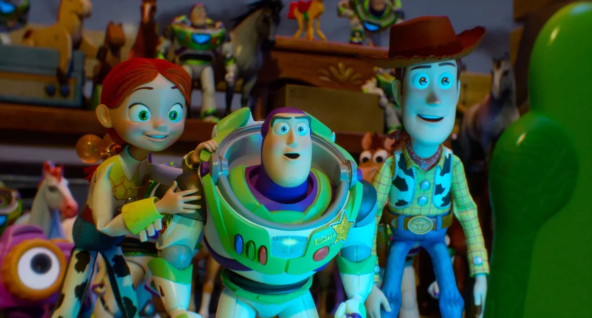 Woody and Buzz Lightyear from Toy Story 5 smiling and posing.