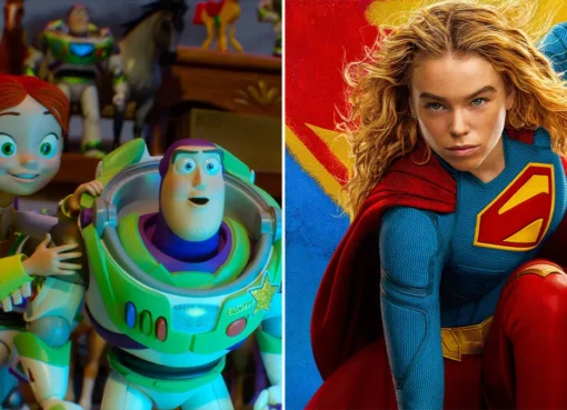 Buzz Lightyear and Woody from Toy Story 5 looking happy, celebrating box office success.
