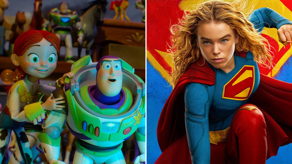 Buzz Lightyear and Woody from Toy Story 5 looking happy, celebrating box office success.