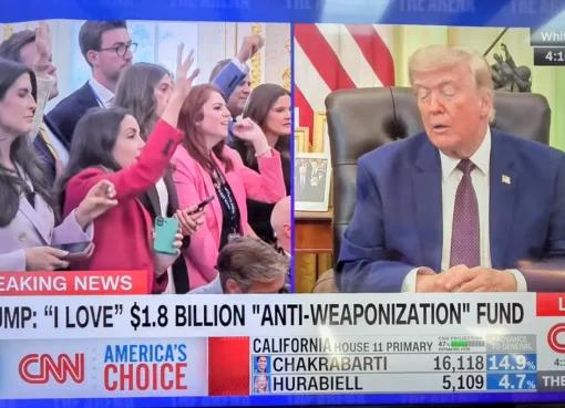 President Donald Trump speaking to reporters in the Oval Office.