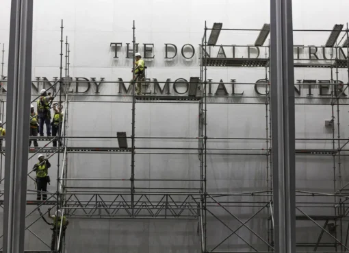 The white exterior of the Kennedy Center under a cloudy sky