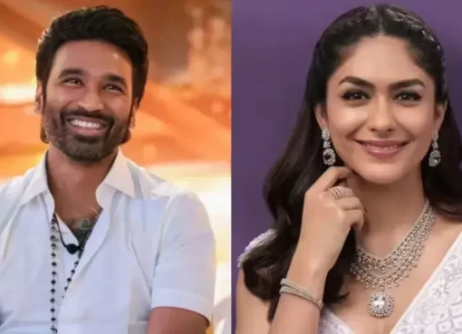 Dhanush and Mrunal Thakur smiling together, a rumored couple.