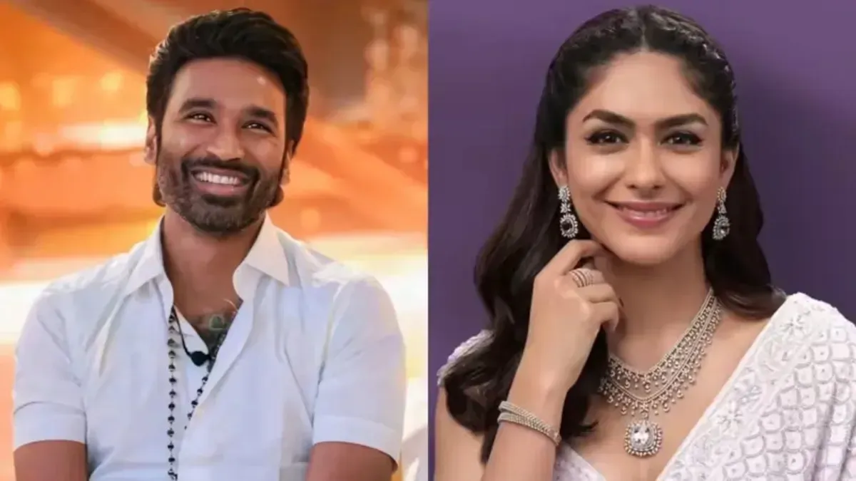 Dhanush and Mrunal Thakur smiling together, a rumored couple.