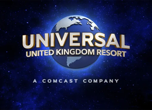 Artist's concept art of the Universal United Kingdom Resort with a grand entrance and lush greenery.