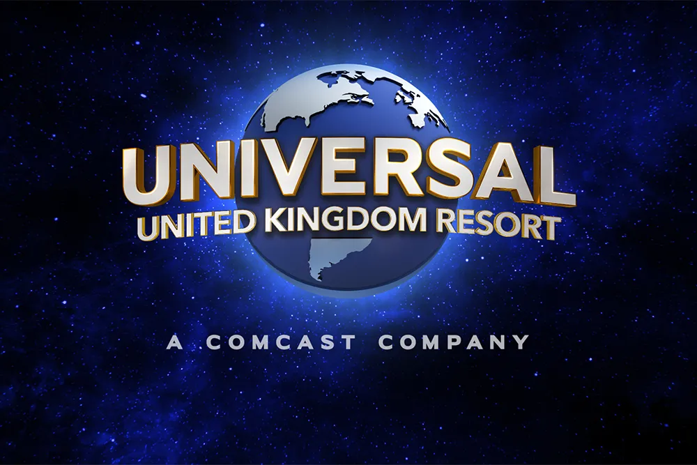 Artist's concept art of the Universal United Kingdom Resort with a grand entrance and lush greenery.