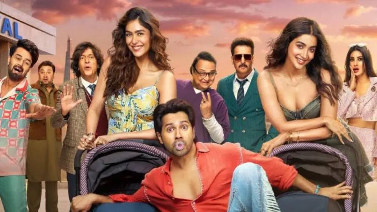 Varun Dhawan smiling in a movie poster with bright, romantic colors.