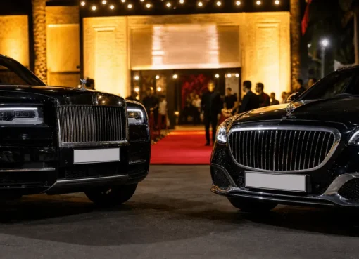 Varun Dhawan posing near luxury cars like a Rolls-Royce and Maybach at his film premiere.