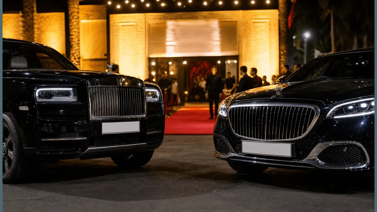 Varun Dhawan posing near luxury cars like a Rolls-Royce and Maybach at his film premiere.