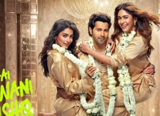 Varun Dhawan, Mrunal Thakre, and Pooja Hegde smiling in a vibrant movie still.