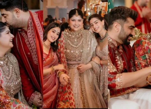 Anshula Kapoor and Rohan Thakkar smiling with Arjun, Janhvi, and Khushi Kapoor at their pre-wedding party.