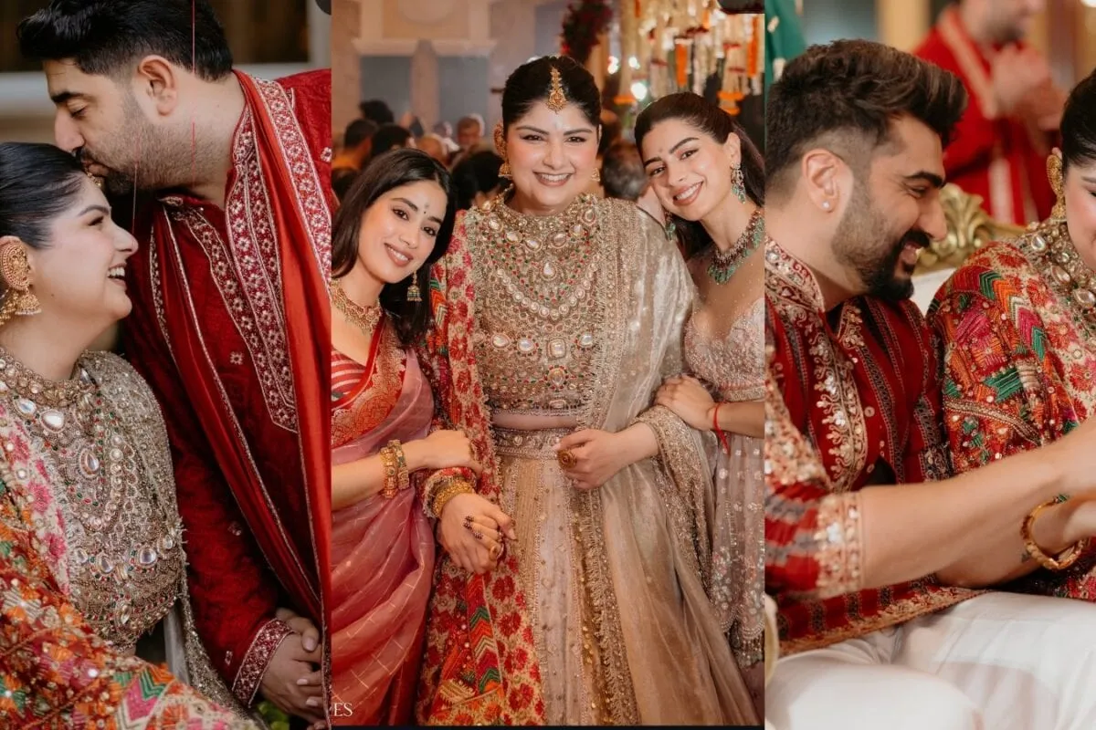 Anshula Kapoor and Rohan Thakkar smiling with Arjun, Janhvi, and Khushi Kapoor at their pre-wedding party.