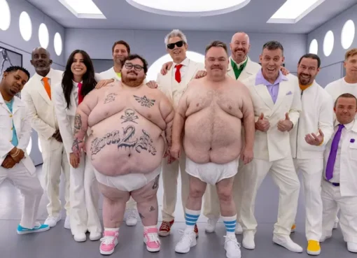 Johnny Knoxville, older but still energetic, surrounded by the Jackass crew in a dynamic pose, perhaps mid-stunt.