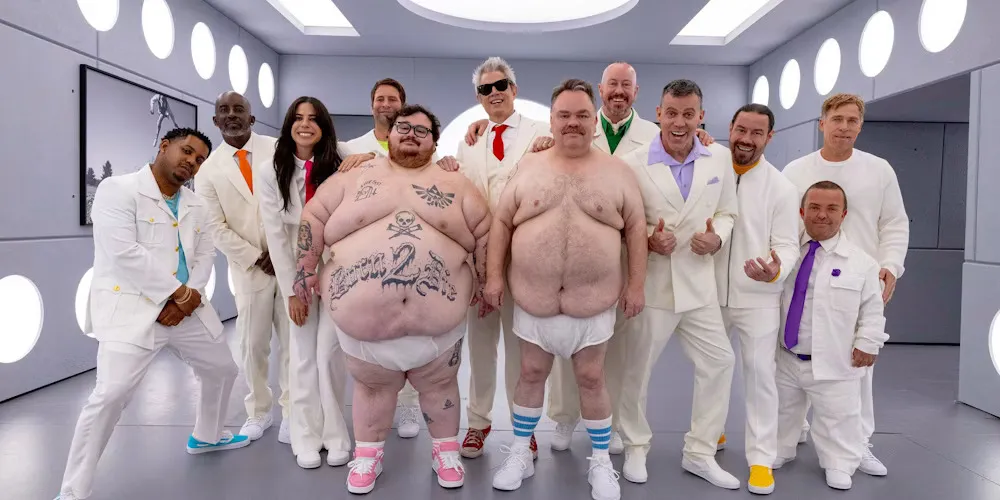 Johnny Knoxville, older but still energetic, surrounded by the Jackass crew in a dynamic pose, perhaps mid-stunt.