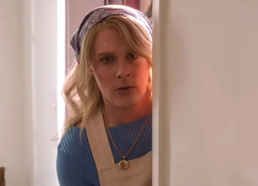 John Early wearing a wig and costume for his movie Maddie's Secret.