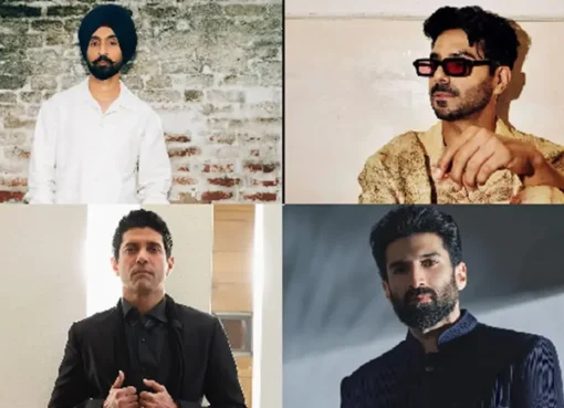 A collage of popular Bollywood actors holding microphones on stage, singing.