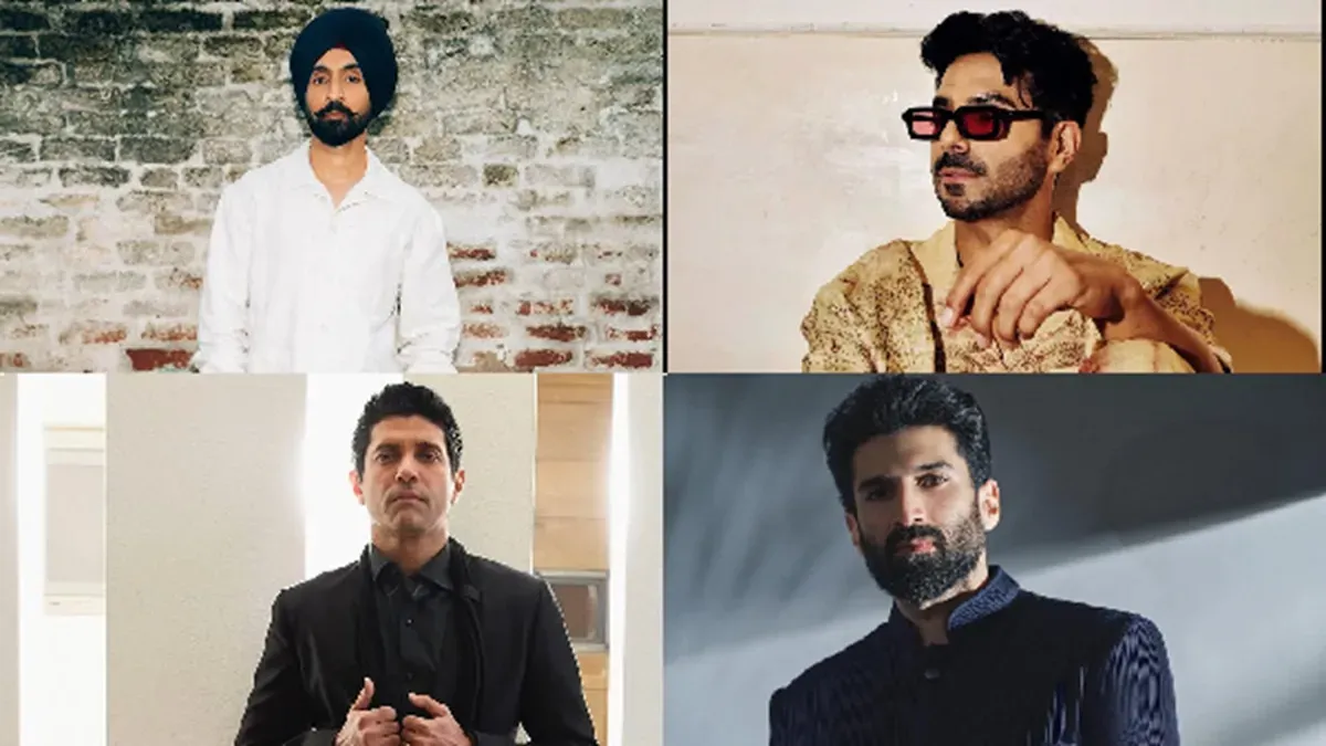 A collage of popular Bollywood actors holding microphones on stage, singing.