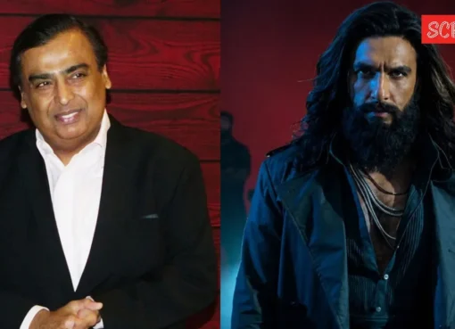 Ranveer Singh looking triumphant, celebrating his film's success, with text about Mukesh Ambani's praise.