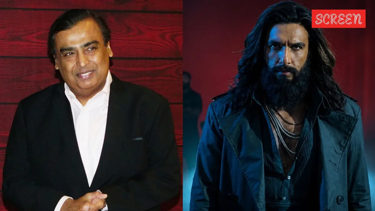 Ranveer Singh looking triumphant, celebrating his film's success, with text about Mukesh Ambani's praise.