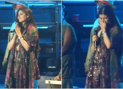 Zanai Bhosle on stage with Gorillaz, looking emotional during her performance.