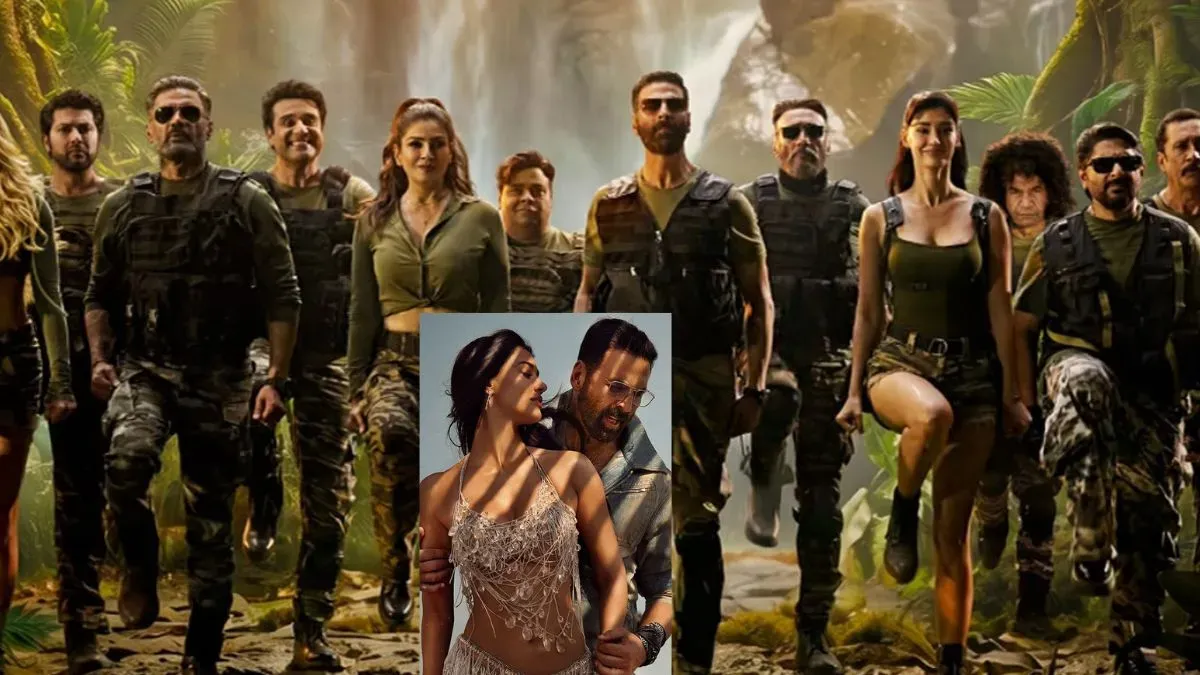 Akshay Kumar and Disha Patani posing in a bright jungle setting