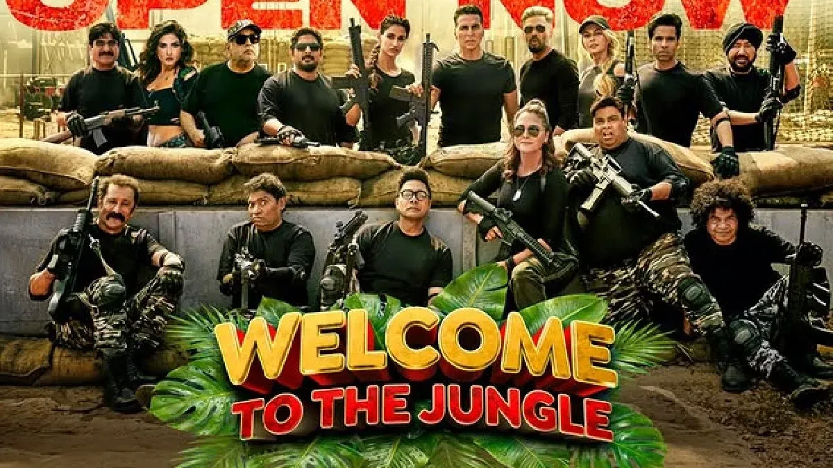 A movie poster for 'Welcome To The Jungle' featuring Akshay Kumar.