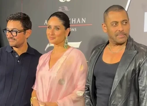 Aamir Khan, Salman Khan, and Kareena Kapoor Khan posing for a photo at an event.
