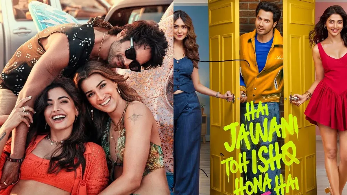 Rashmika Mandanna, Kriti Sanon, and Shahid Kapoor in a movie still from Cocktail 2.