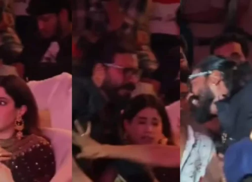 Janhvi Kapoor looks visibly shocked at an event while a fan approaches Ram Charan.
