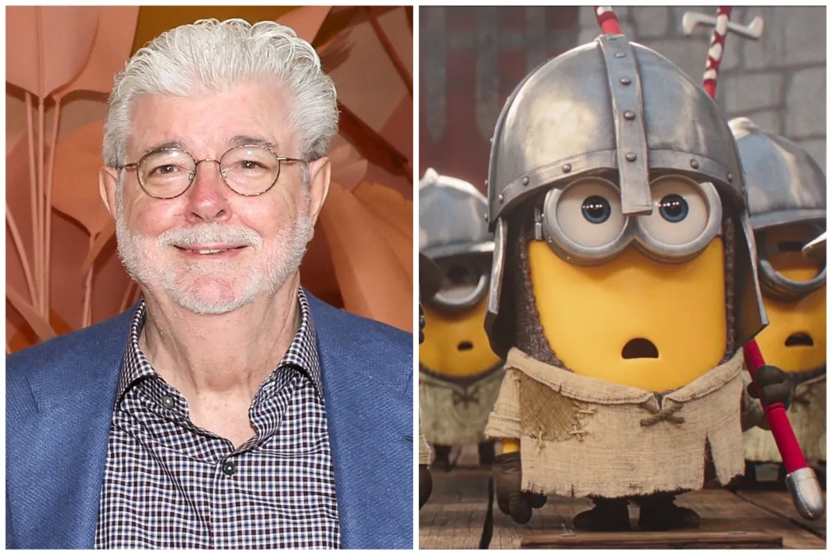 George Lucas smiling with a Minion character.