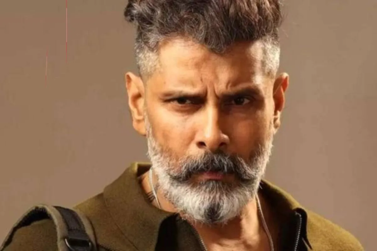 Chiyaan Vikram looking intense, possibly from an action film still, with a strong visual presence.