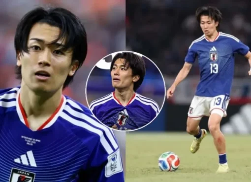 Japanese football player Keito Nakamura celebrating on the field.