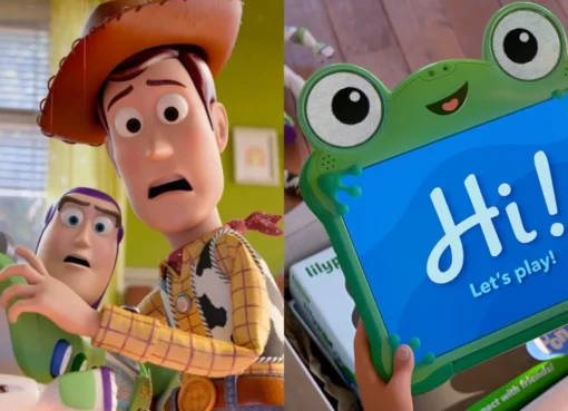 Woody, Buzz Lightyear, and Jessie looking concerned at a glowing smart tablet named Lilypad.